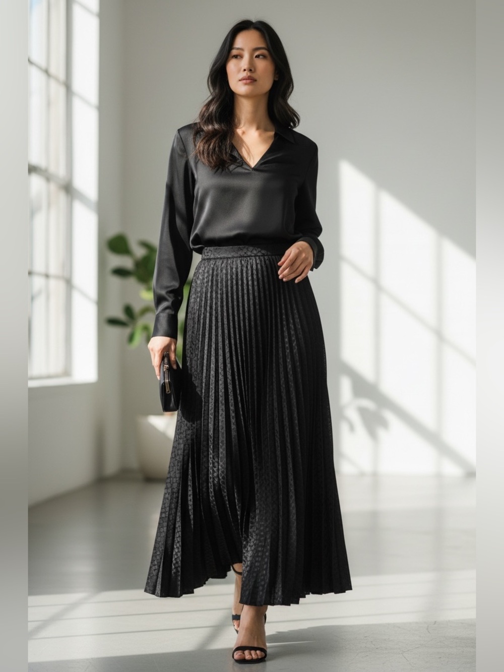 Vintage Bonwit Teller Contessa Monique Maxi Skirt - Black Pleated Silk Jacquard